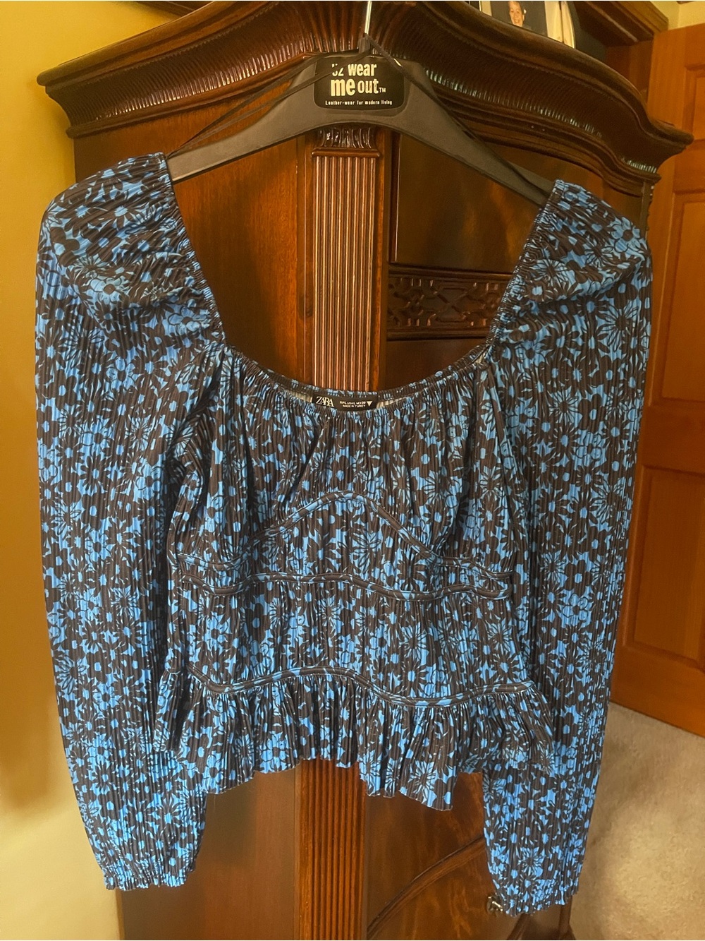 Zara Blue and Black Floral Smocked Blouse